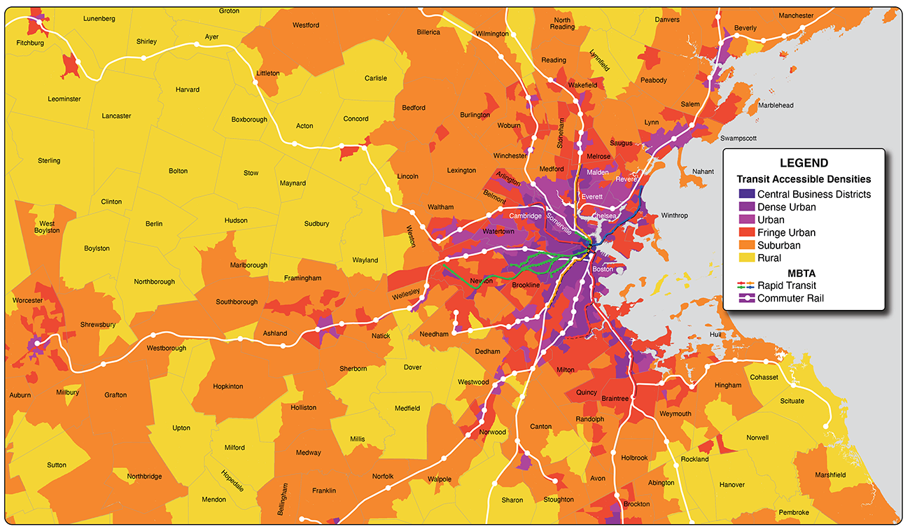 Figure 2. Transit Accessible Densities-Based Area Types (Eastern Massachusetts) with Major MBTA Transit System
This figure shows different area types and location of major transit lines in the Eastern Massachusetts Area.
